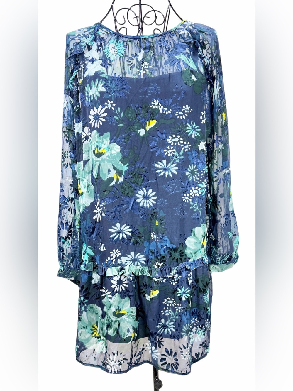 LOFT Navy Floral Sheer Dress with Teal/White Accents Size Small Romantic Boho